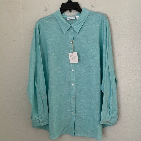 NWT Susan Graver Linen Blend Roll Up Tab Sleeve Women’s Shirt Size 1Xp - Picture 1 of 9